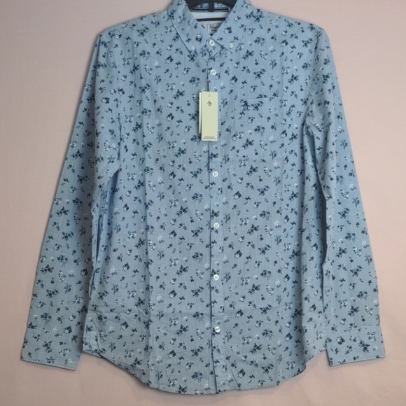 Original Penguin Blue Floral Long Sleeve 100% Cotton Button Down Shirt - Picture 1 of 11